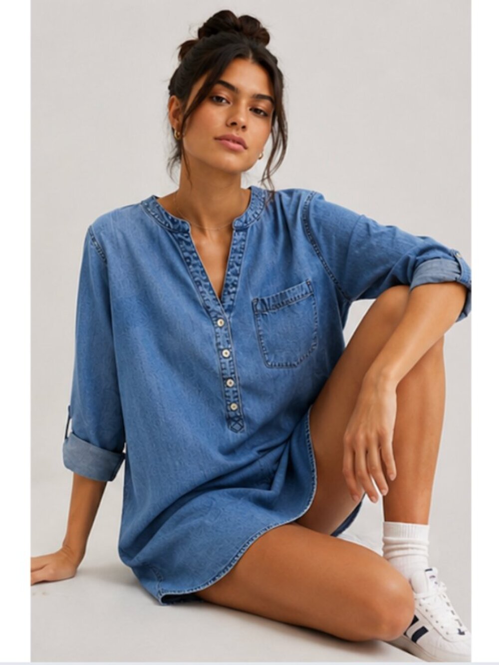 Express Women's Chambray Dress Relaxed Fit Roll-Up Sleeve Split Neck Medium